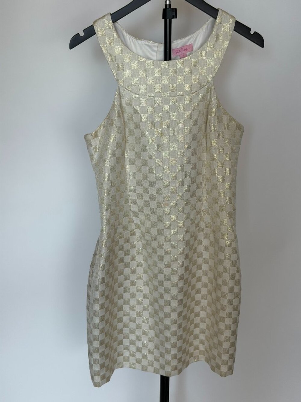 Gold Ivory Checkered Sleeveless Shift Dress